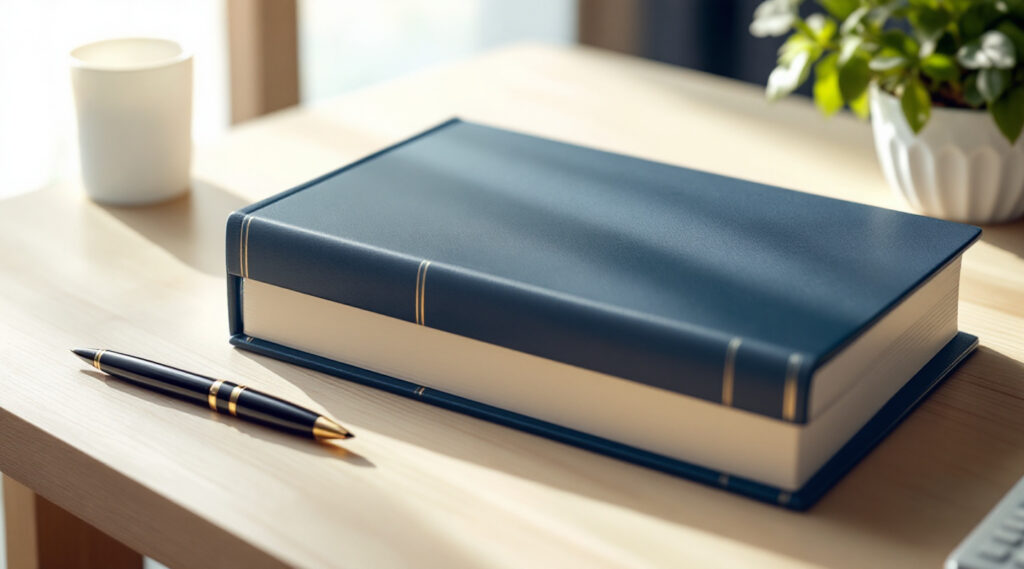 Grand registre comptable relié et stylo sur un bureau