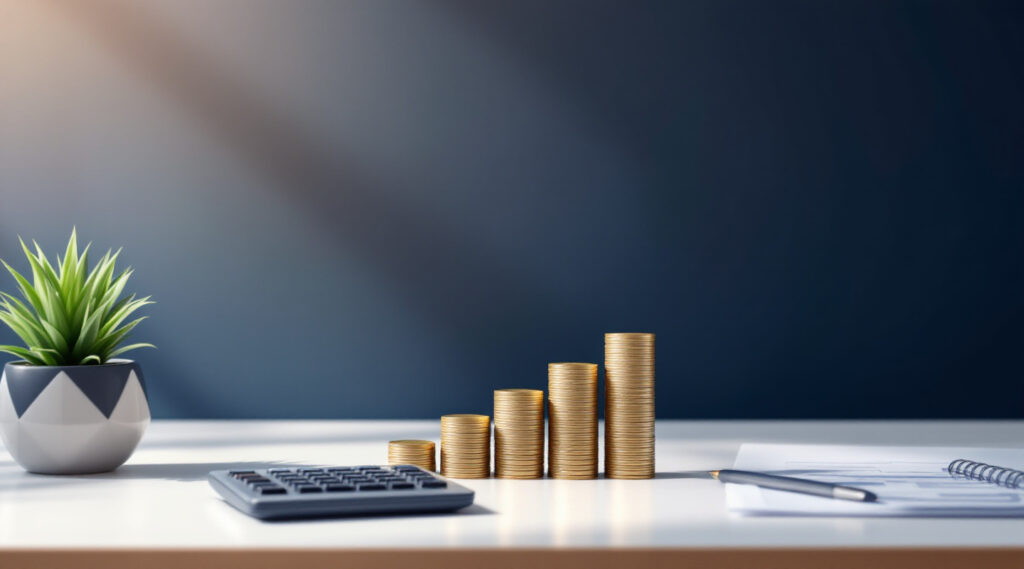 Pièces croissantes et calculatrice illustrant le plan de financement