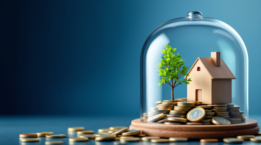 Maison et arbre protégés sous une cloche, transmission par assurance vie