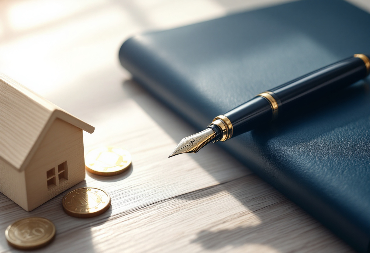 Maison, pièces et stylo illustrant la planification de la succession