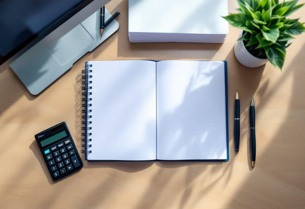 Comptable tenant le journal comptable d'une entreprise sur un bureau ordonné