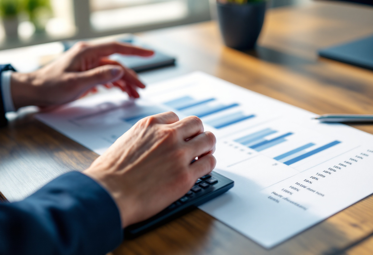 Bureau d'expert-comptable avec documents financiers vierges et calculatrice illustrant la construction d'un tableau de financement