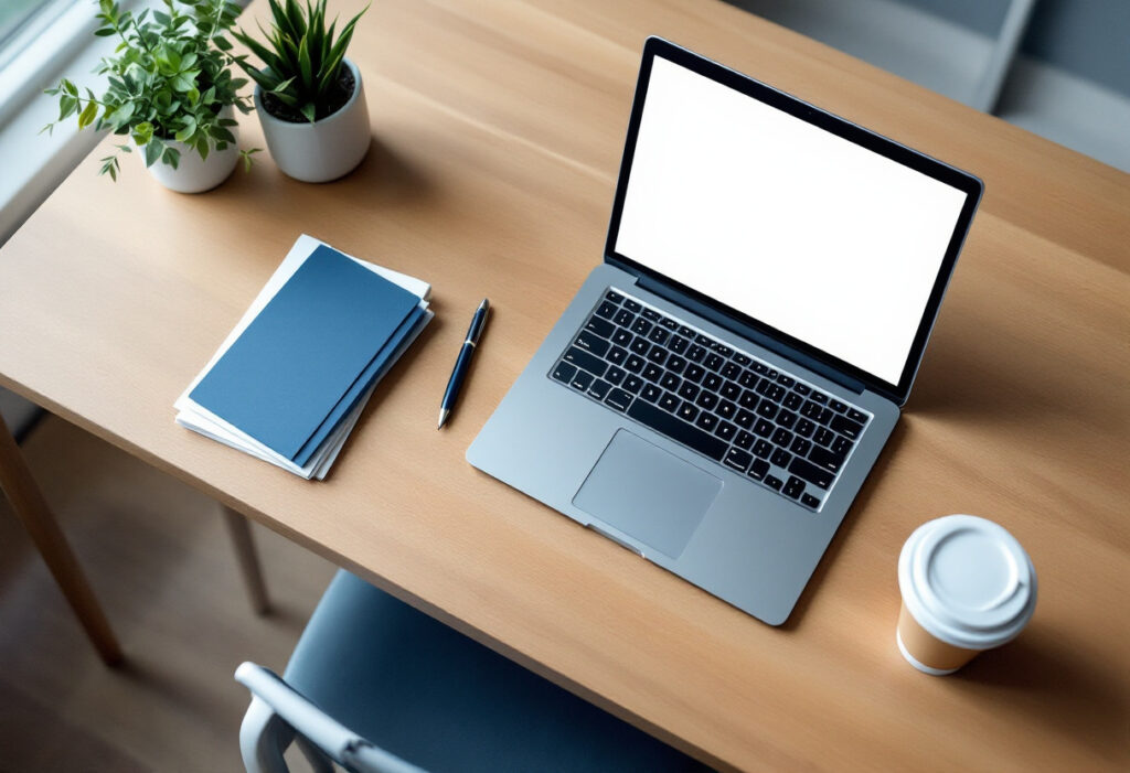Entrepreneur préparant son business plan sur un bureau lumineux avec ordinateur et documents