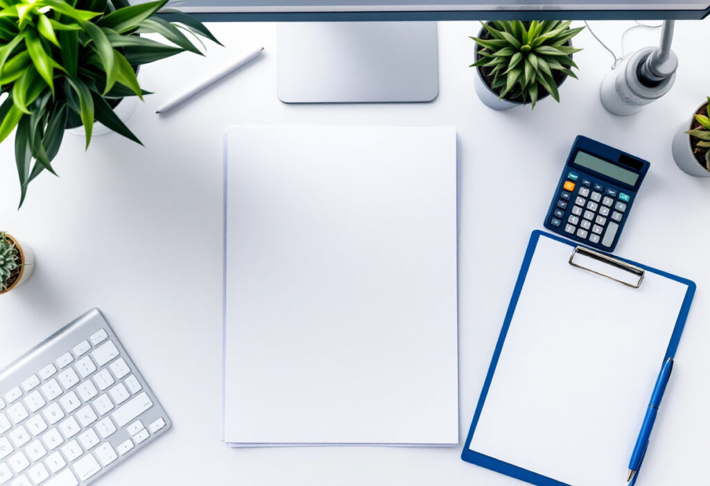 Bureau d'expert-comptable avec documents financiers et calculatrice illustrant le bilan comptable