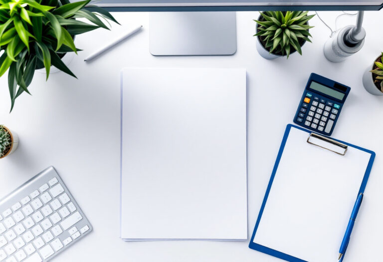 Bureau d'expert-comptable avec documents financiers et calculatrice illustrant le bilan comptable