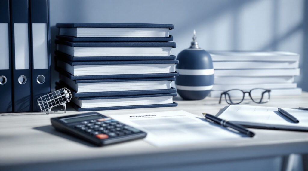 Livres comptables et calculatrice illustrant le plan comptable général