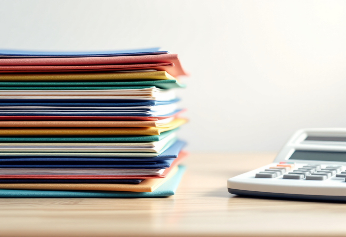 Dossiers comptables colorés et calculatrice