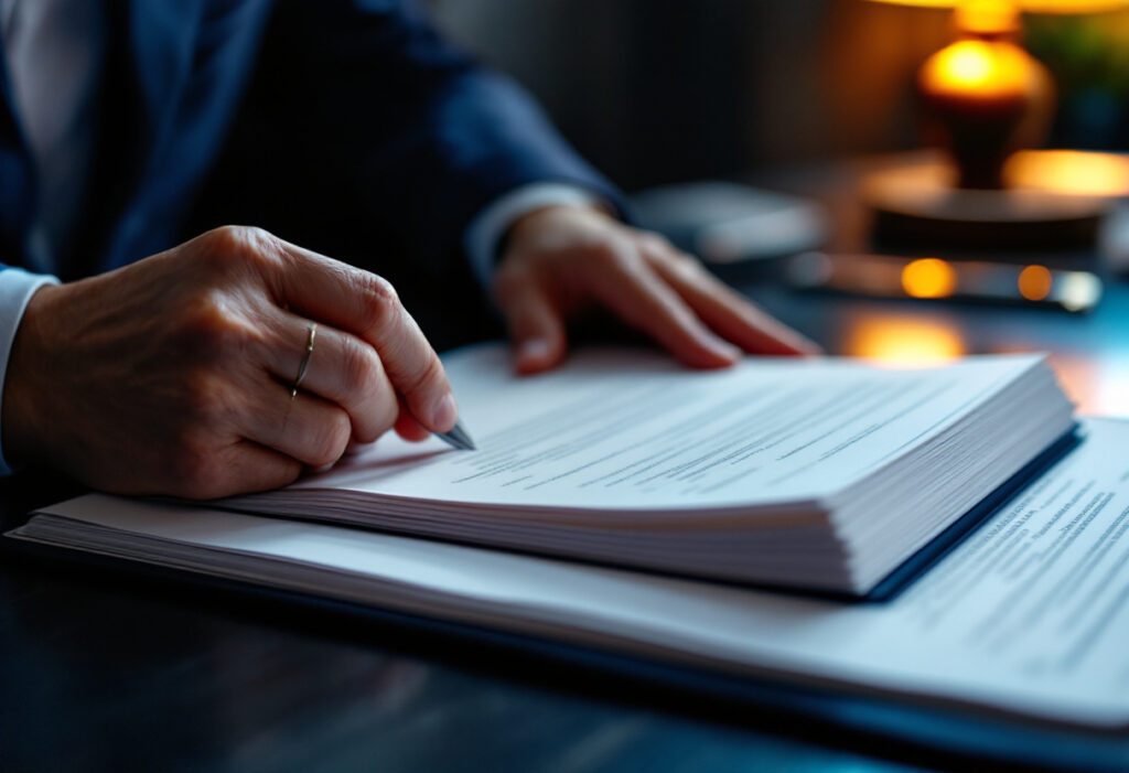 Mains d'un notaire feuilletant un dossier de succession sur un bureau sombre, ambiance feutrée