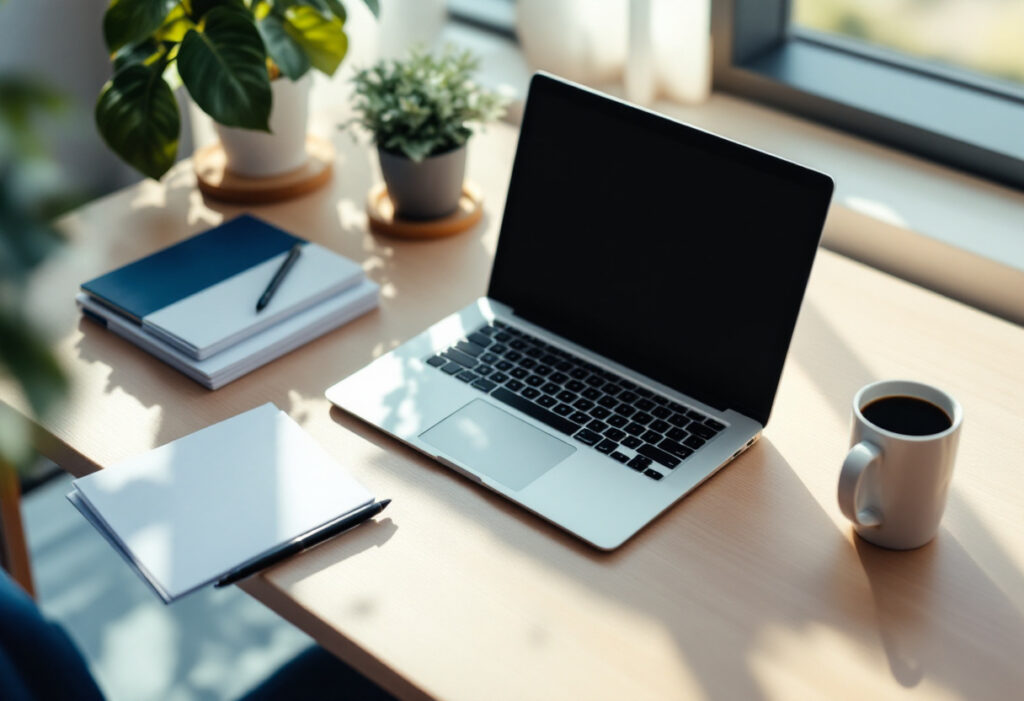 Bureau professionnel avec ordinateur portable ouvert et documents administratifs d'entreprise