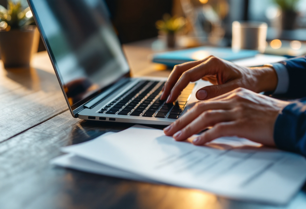 Mains de dirigeant téléchargeant un document administratif sur un ordinateur portable dans un bureau