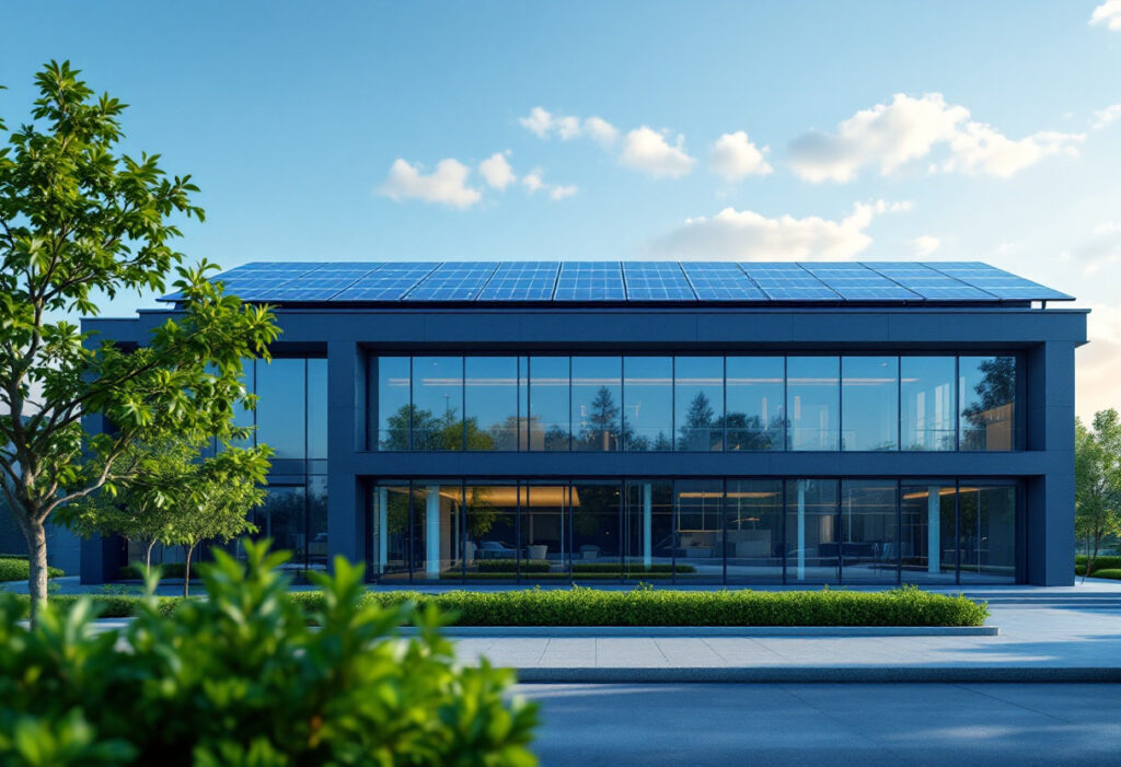 Bâtiment d'entreprise moderne avec panneaux solaires sous une lumière douce