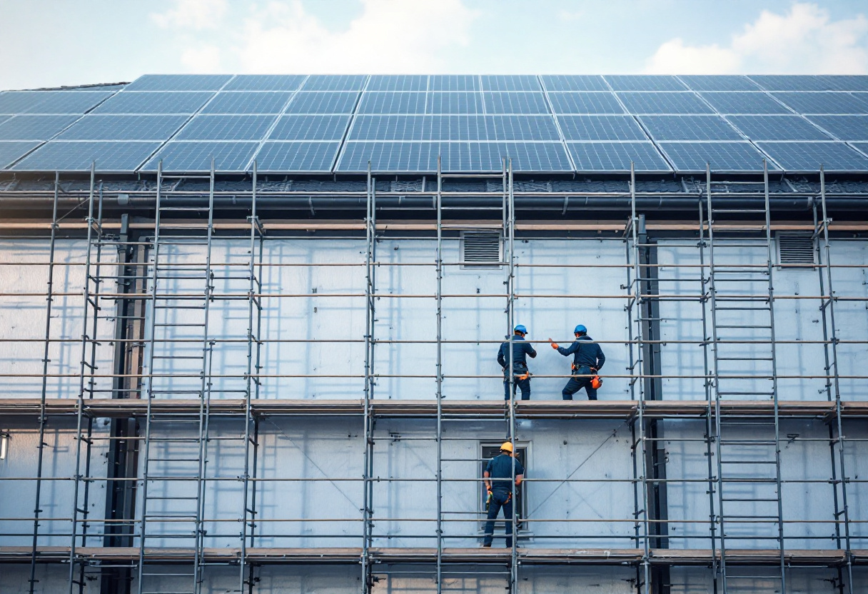 Bâtiment professionnel équipé de panneaux solaires illustrant la rénovation énergétique d'une entreprise
