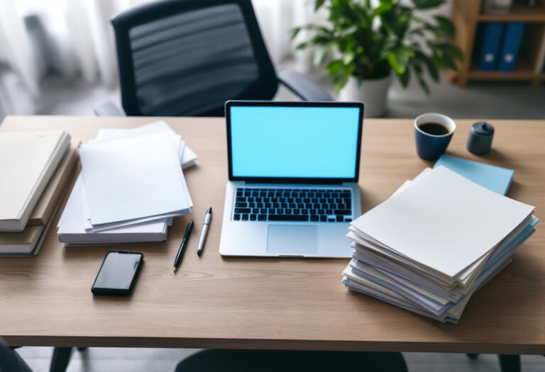 Bureau professionnel avec dossiers d'entreprise et ordinateur, ambiance administrative bleutee