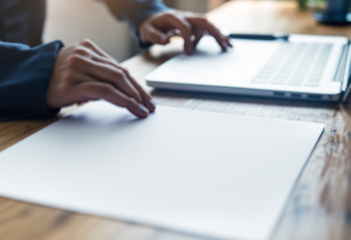 Documents administratifs vierges et ordinateur portable illustrant l'immatriculation d'une entreprise au RNE