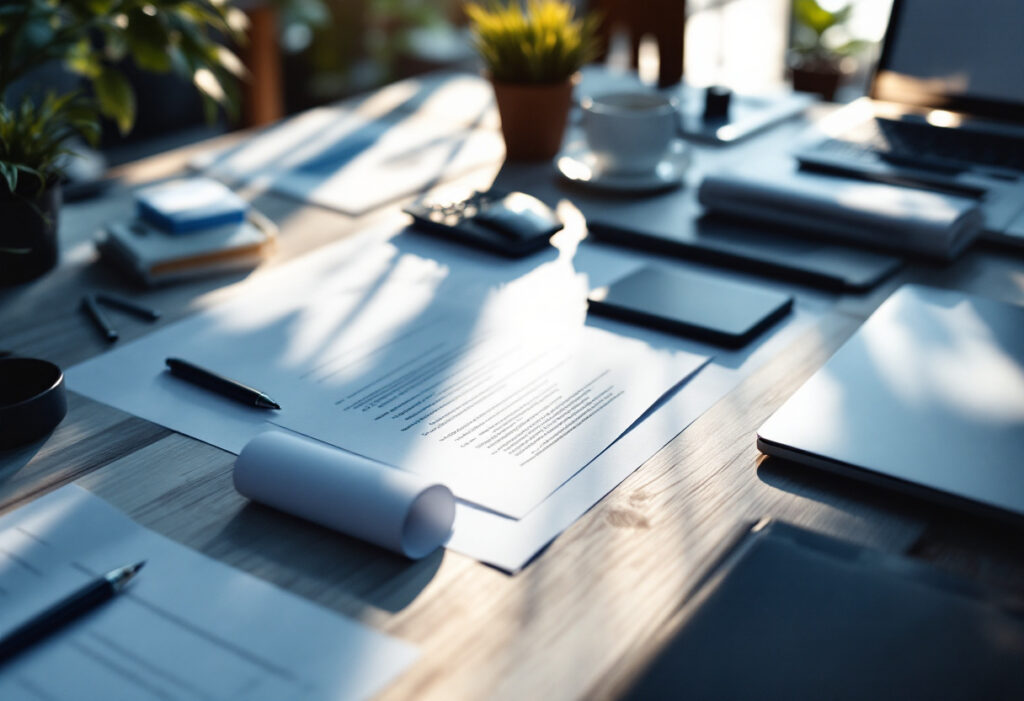 Entrepreneur préparant son dossier de prêt professionnel sur un bureau lumineux