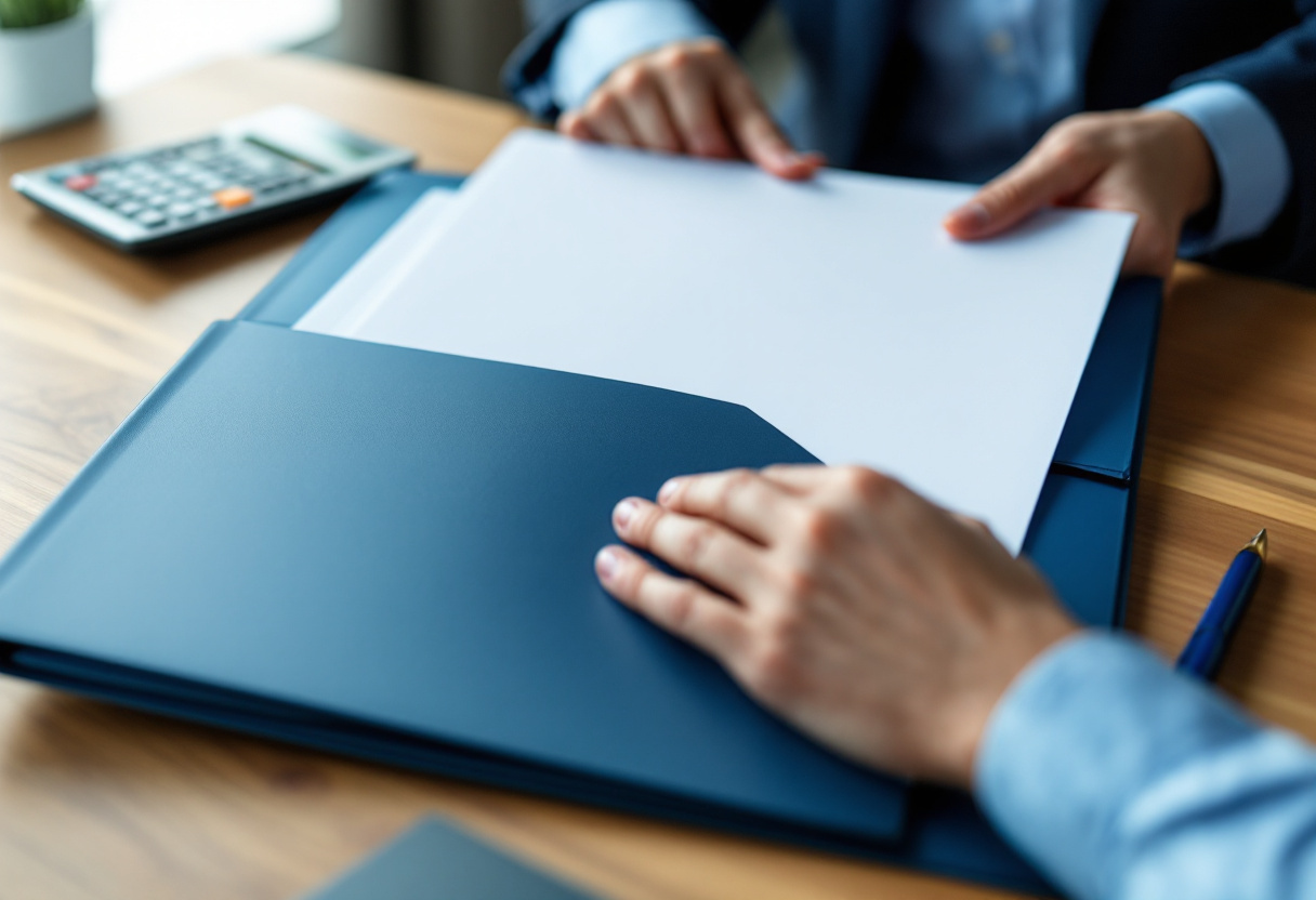 Bureau professionnel avec dossier de financement, calculatrice et documents vierges pour une demande de prêt