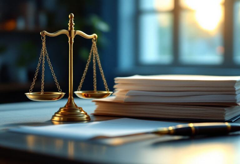 Balance de la justice et documents juridiques vierges sur un bureau professionnel, illustrant la protection juridique