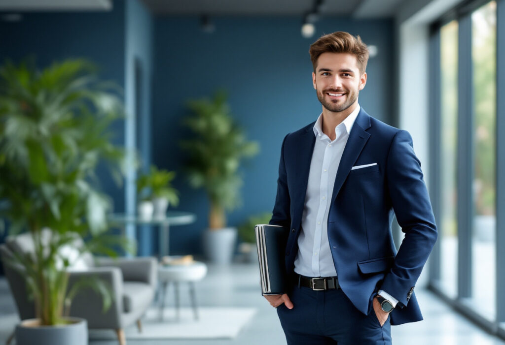Entrepreneur souriant au démarrage de son activité dans un bureau lumineux