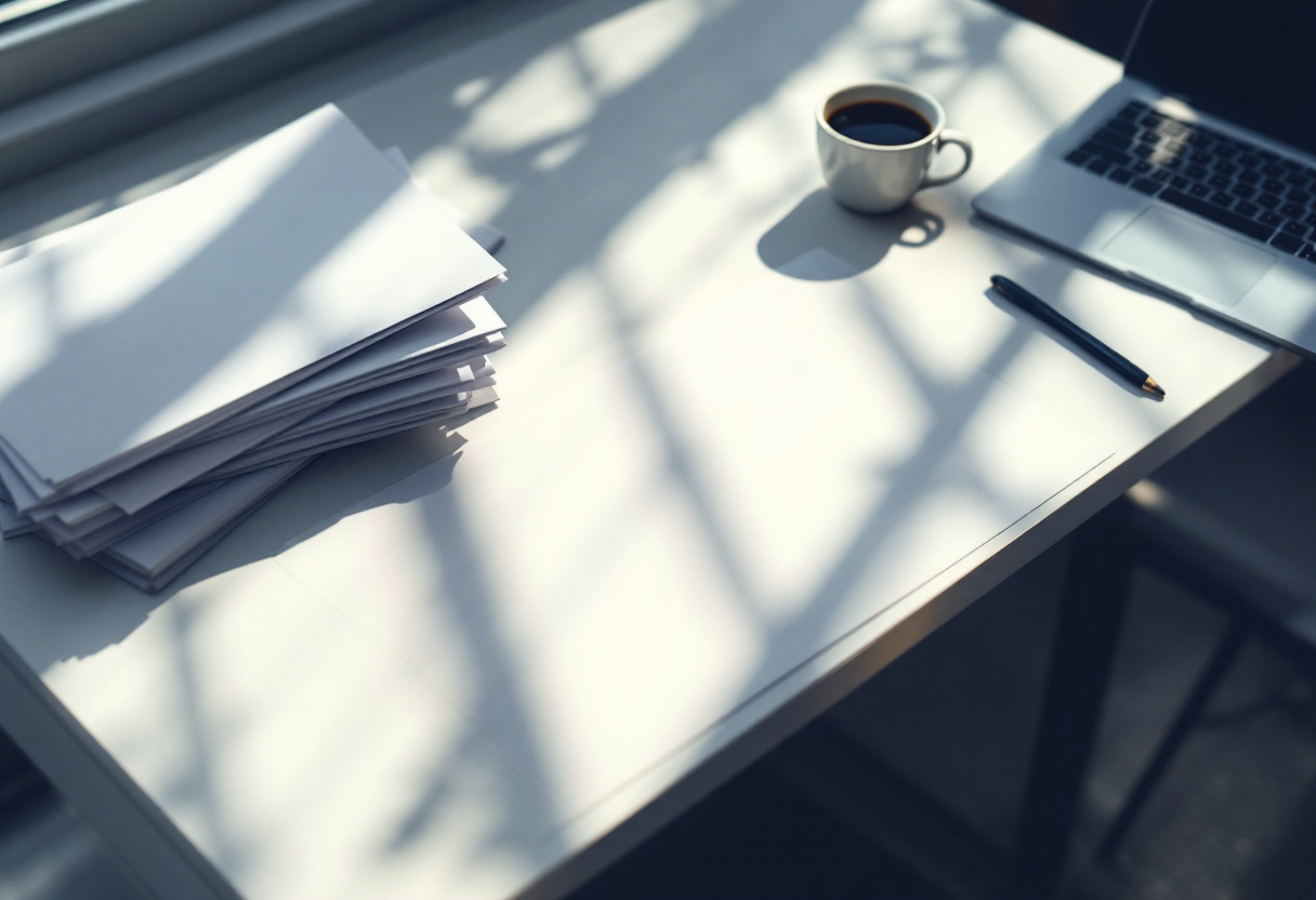 Bureau lumineux d'un créateur d'entreprise avec dossier de financement vierge et ordinateur portable