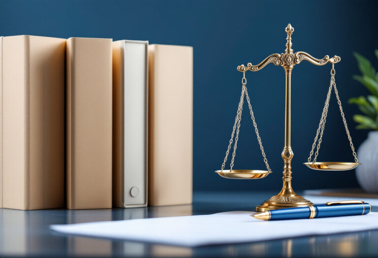 Balance de la justice et dossiers vierges sur un bureau bleuté évoquant la comparaison de contrats de protection juridique