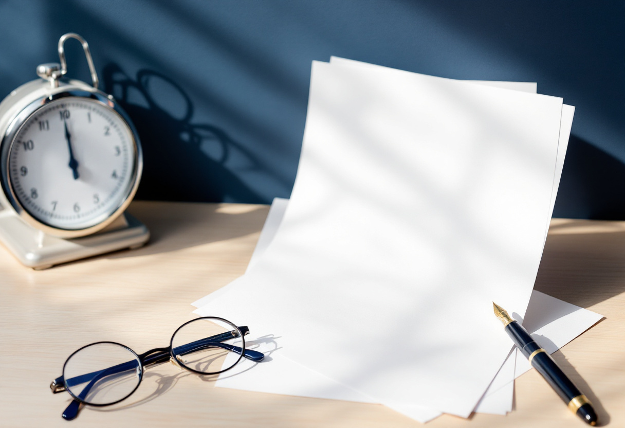 Documents juridiques vierges, balance et stylo sur un bureau bleuté illustrant la comparaison de contrats de protection juridique