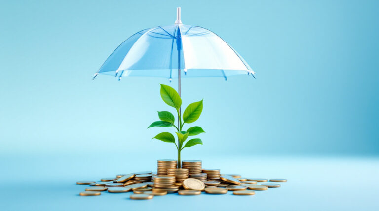 Parapluie protégeant une plante et des pièces, assurance vie