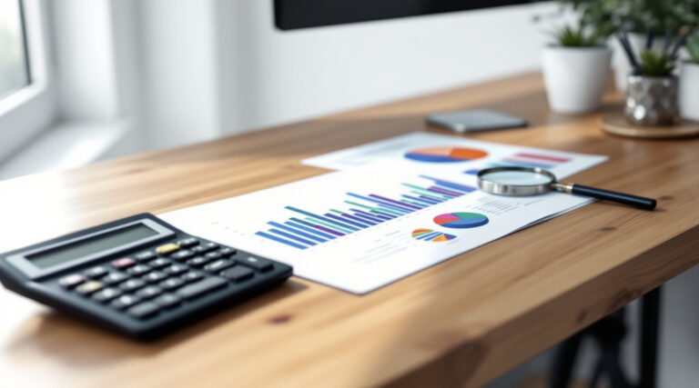 Graphiques, calculatrice et loupe illustrant la comptabilité analytique